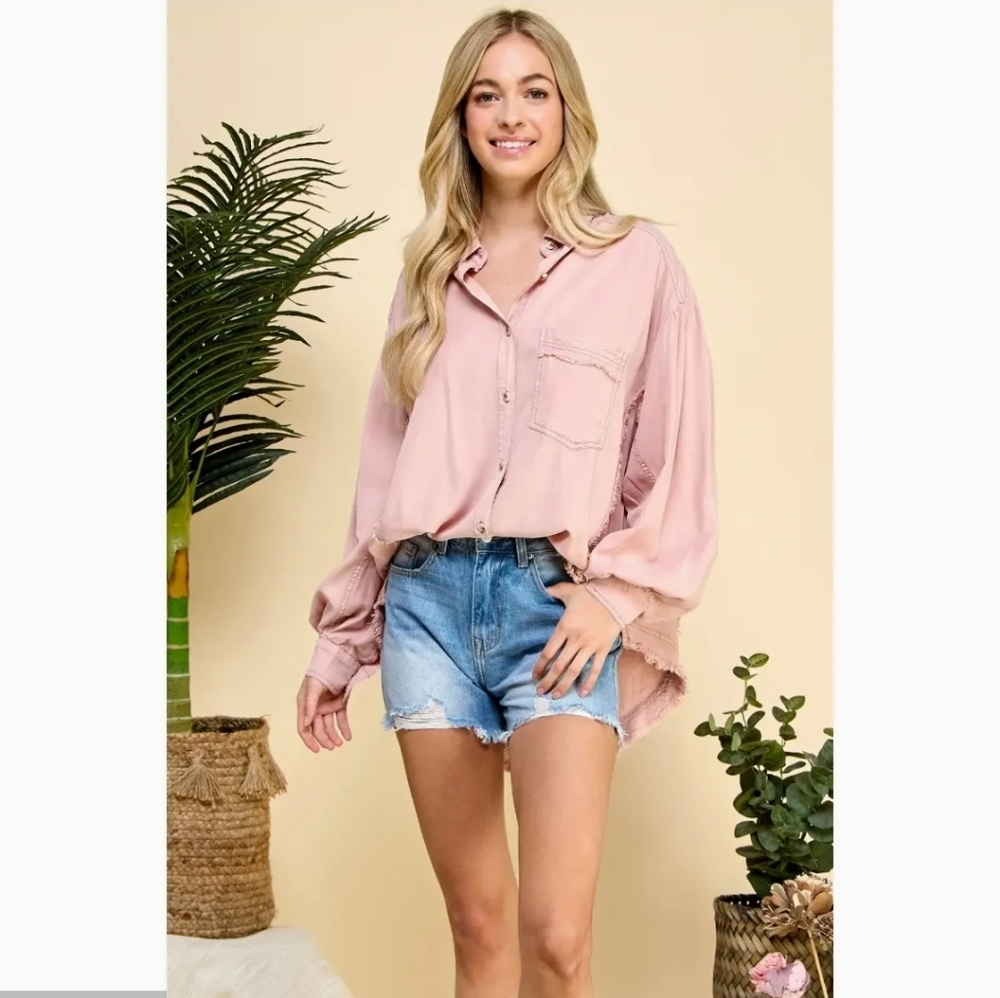 Vervet Oversized Pink Distressed Button-Down Balloon Shirt Shacket 100% Tencel M